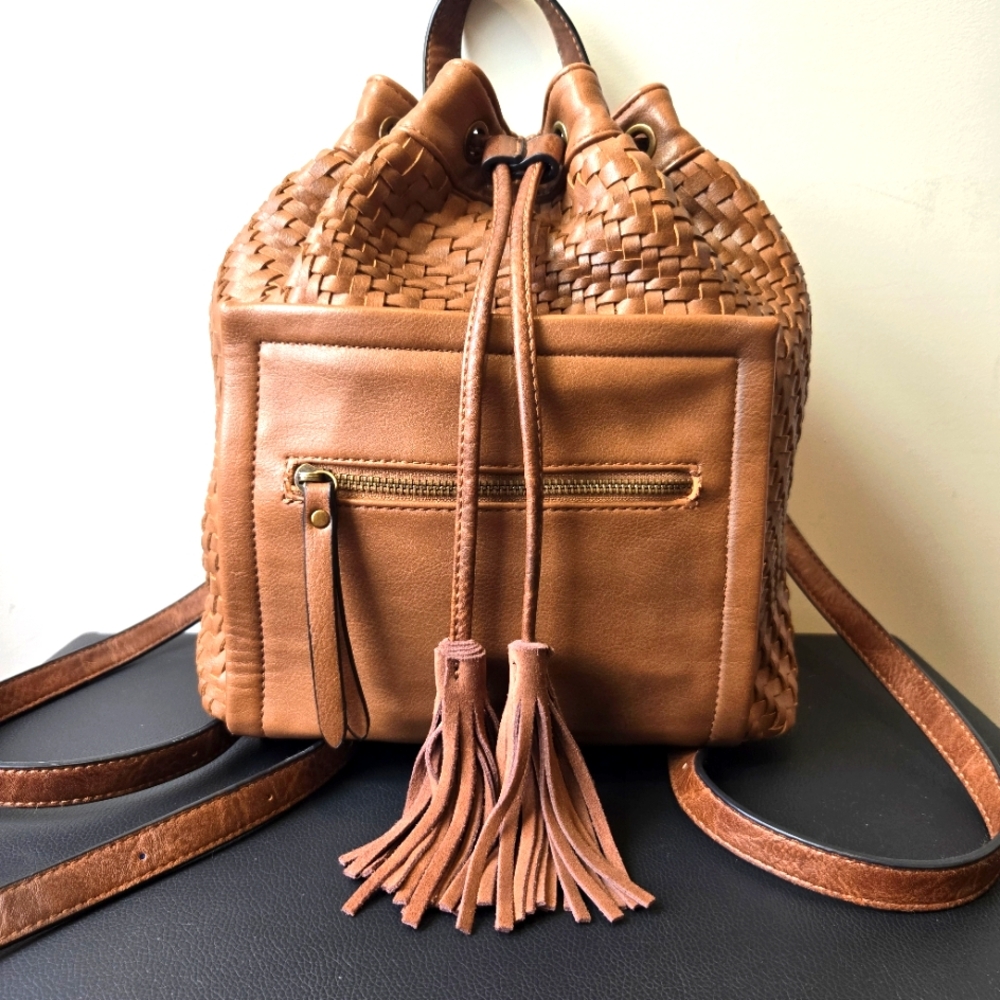 Woven Tassel Drawstring Hobo Backpack - Tan